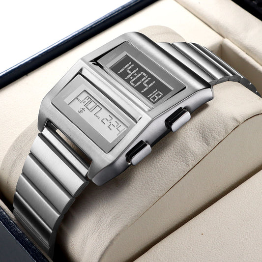 Retro Cyberpunk Driver Digital Watch – Stainless Steel Sports Wristwatch for Men