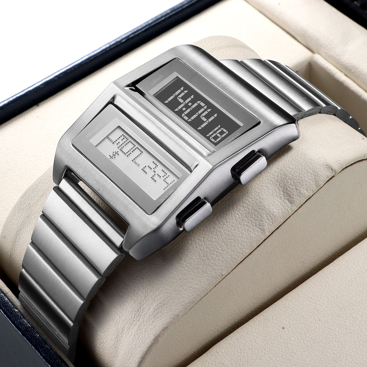Retro Cyberpunk Driver Digital Watch – Stainless Steel Sports Wristwatch for Men