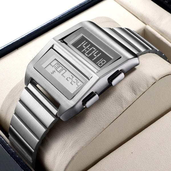 Retro Cyberpunk Driver Digital Watch – Stainless Steel Sports Wristwatch for Men