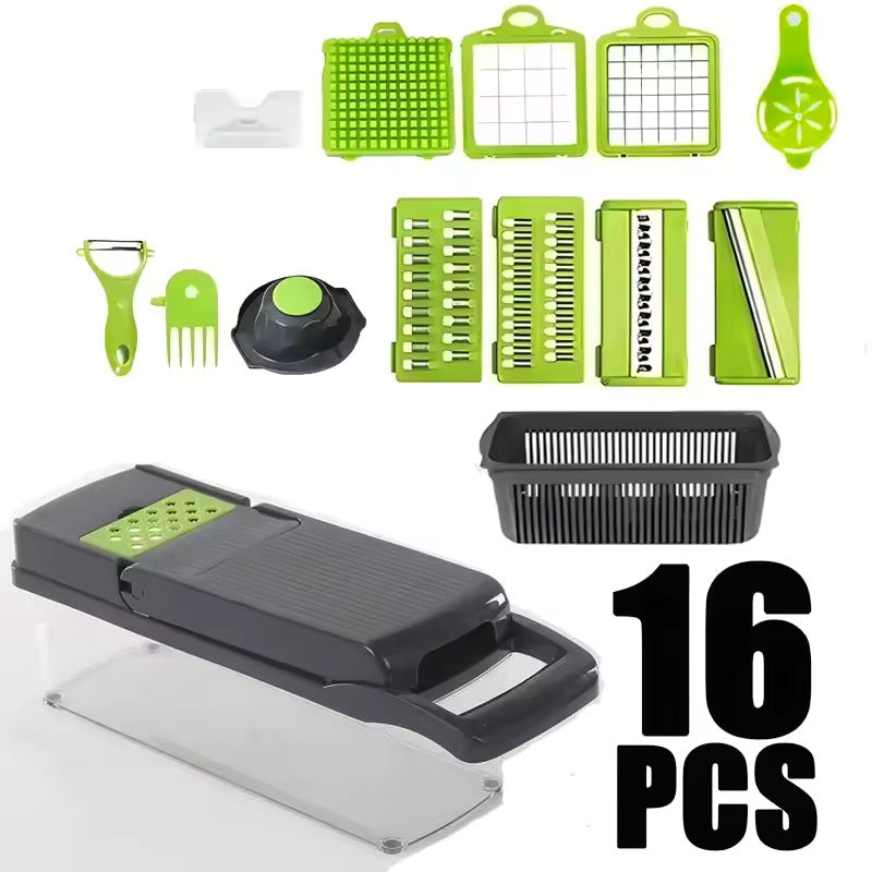 16 in 1 Handheld Slicers Dicers Graters, Multifunctional Vegetable Chopper Kitchen Food Tool with Container & Safety Guard
