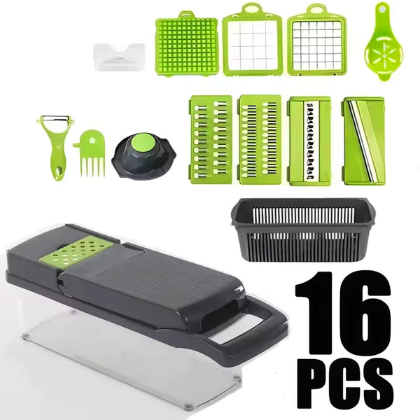 16 in 1 Handheld Slicers Dicers Graters, Multifunctional Vegetable Chopper Kitchen Food Tool with Container & Safety Guard