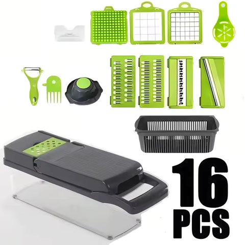 16 in 1 Handheld Slicers Dicers Graters, Multifunctional Vegetable Chopper Kitchen Food Tool with Container & Safety Guard