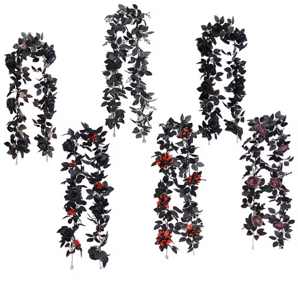 Black Halloween Rose Leaf Vines Simulated Flowers 175cm Artificial Rose Vines Handmade Realistic Halloween Garland