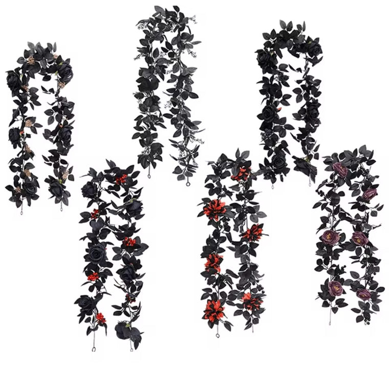 Black Halloween Rose Leaf Vines Simulated Flowers 175cm Artificial Rose Vines Handmade Realistic Halloween Garland
