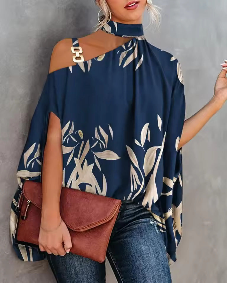 Summer Womens Blouse Printed Short Sleeve Off Shoulder Blouses Floral Print Chiffon Blouse Peacock Print Abstract Leaf Top