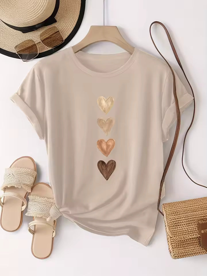 Women's Casual Short Sleeve T-Shirt with Four Heart Graphic Print - Black & Golden, Medium Stretch Round Neck