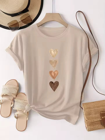 Women's Casual Short Sleeve T-Shirt with Four Heart Graphic Print - Black & Golden, Medium Stretch Round Neck